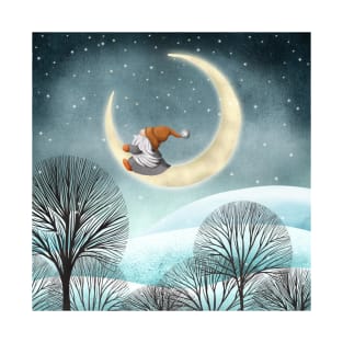 Scandinavian gnome and moon winter watercolor fantasy illustration. Swedish cute gnome in snow night forest. T-Shirt