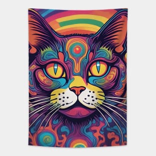 Groovy 70s rainbow colors psychedelic cat Tapestry