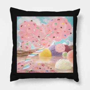 Candy land fantasy background. Sweets world landscape. Marshmallow tree, chocolate milk river, ice cream islands Pillow