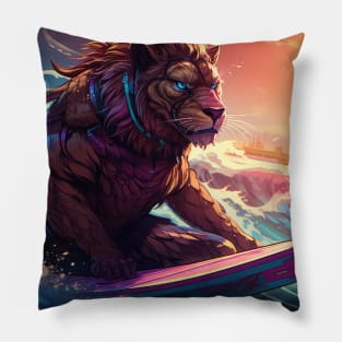 Synthewave Sunset Surfing Lion Pillow