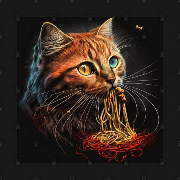 Painting of a Ginger Cat Eating Spaghetti by DreamMeArt