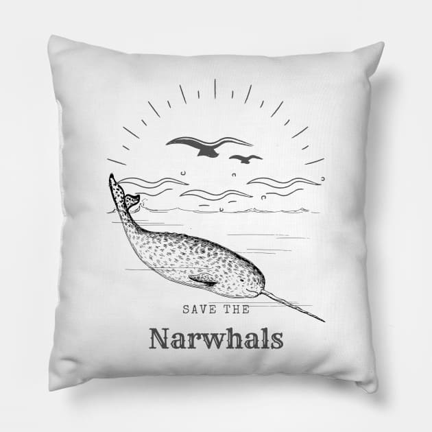Save The Narwhals Unicorn Of The Sea Retro Style Pillow by MinimalSpace