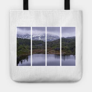 Wonderful landscapes in Norway. Vestland. Beautiful scenery of houses with grass roof. Norwegian traditional architecture Mountains, trees and snow in background. Cloudy day Tote