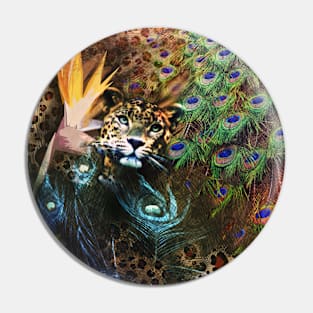 Leopard and Peacock Feathers Floral Exotic Nature Collage Pin