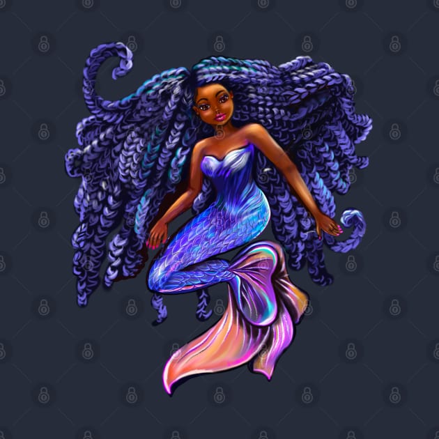 mermaid with flowing shimmering blue black braids  , brown eyes curly Afro hair and caramel brown skin by Artonmytee