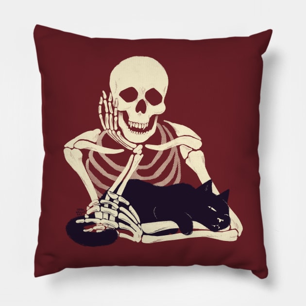 Cat and Skeleton Pillow by SarahWrightArt