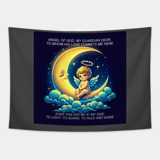 Cute Guardian Angel Cherub and a Moon Expressionistic Effect Tapestry