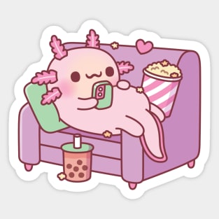 Cute Axolotl Chilling On Unicorn Pool Float Drinking Bubble Tea