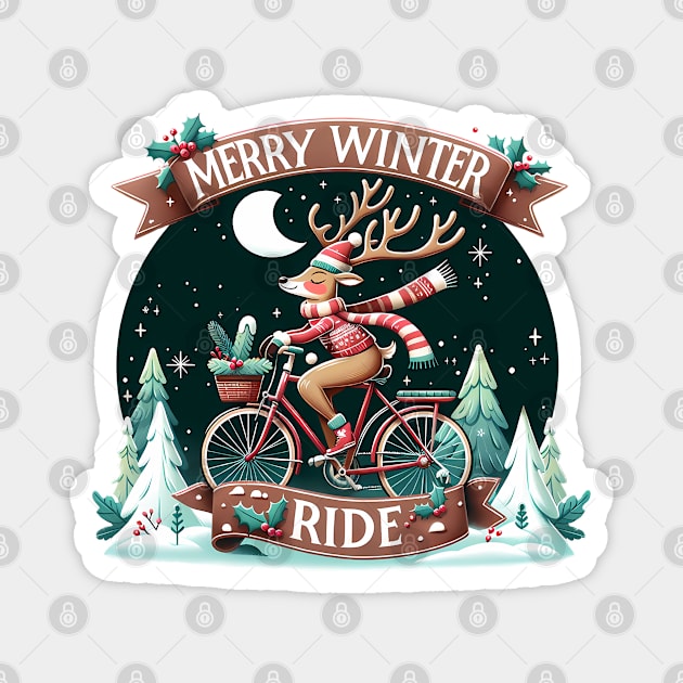 Merry Winter Ride - Christmas reindeer on a bicycle Magnet by PrintSoulDesigns
