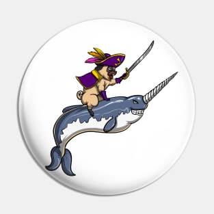 Pug Pirate Riding Narwhal Fish Pin