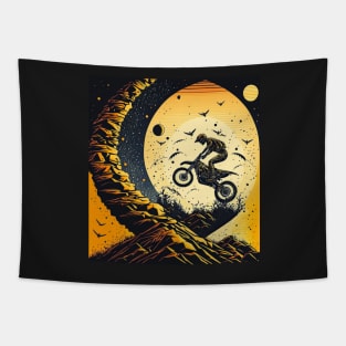 Dirt bike stunt w/moon orange and black Tapestry