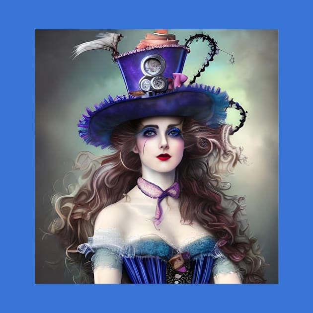 Victorian steampunk woman big hat in blue. by Tuff Tees