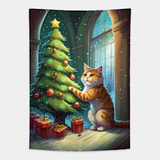 Kitty Helps Decorate Christmas Tree Tapestry