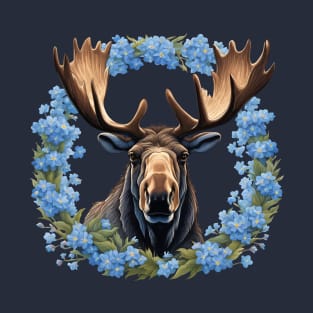 Moose And Alaska Alpine Myosotis Flowers T-Shirt