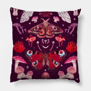 Moth and Mushroom Magic Fall Pattern Purple and Pink Pillow