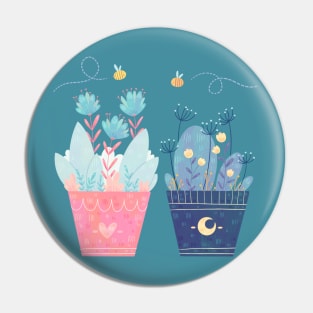 Heart and Moon Flower Pots Pin