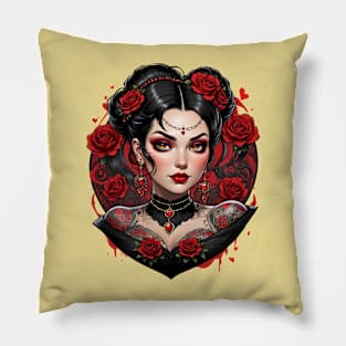 Bohemian retro vintage Gothic tattooed girl valentines day design T-Shirt Pillow