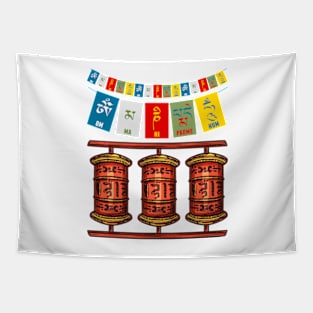 Tibetan Buddhist Prayer Flags Prayer Wheels and Mantras Tapestry