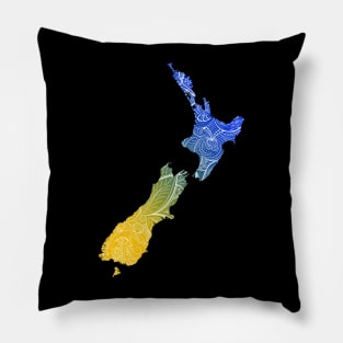 Colorful mandala art map of New Zealand with text in blue and yellow Pillow