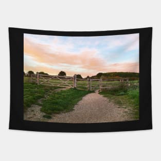 Gate and Golden sunset on the hill painting Tapestry