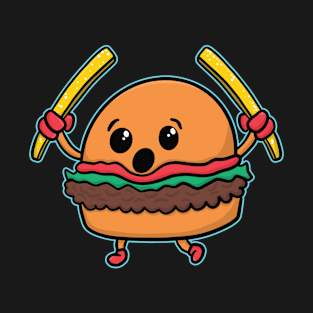 Playful Food Cartoon Hamburger Holding Fries Burger T-Shirt