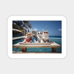 4 Cats Sunbathing Wearing Sun Glasses On a Wooden Deck Magnet