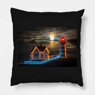 The supermoon rising over the Nubble Lighthouse York Maine Pillow