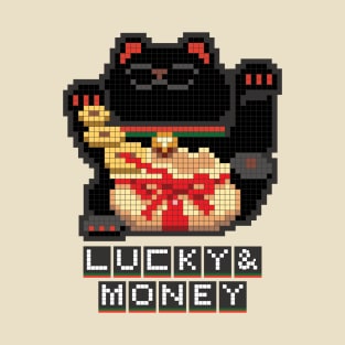 Kuro Maneki Neko Lucky & Money Japanese chubby black cat pixel art T-Shirt