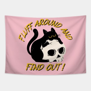 Fluff Around and find out - Halloween Black cat with skull Tapestry