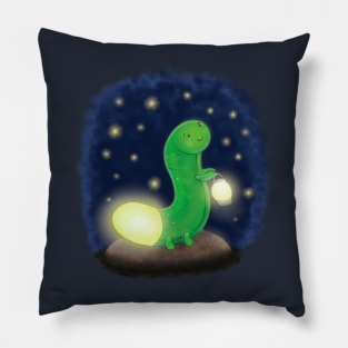 Cute green glow worm with lantern cartoon illustration Pillow