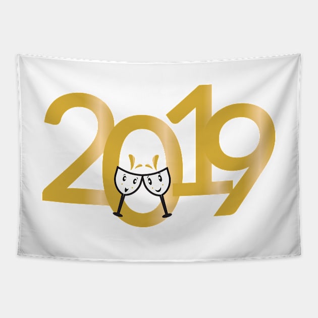 2019 New Years numbers and cartoon wine glasses Tapestry by sigdesign