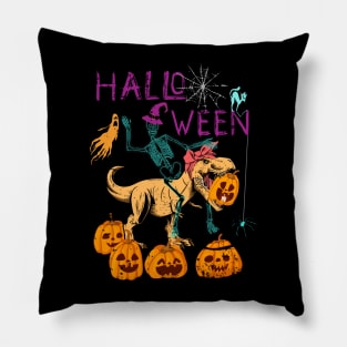 Halloween Skeleton Riding Dinosaur with Messy Bun Pillow