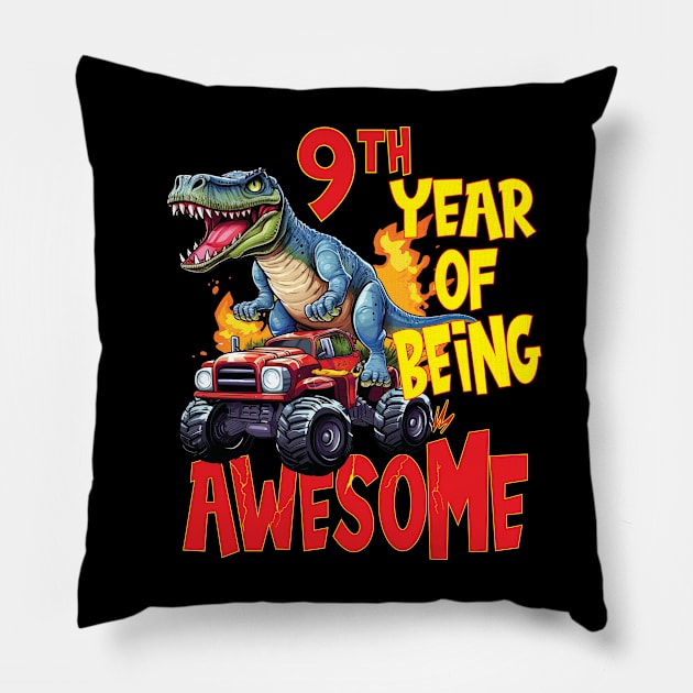 9th Year of Being Awesome 9yr Birthday Truck Dinosaur Boy Girl 9 Years Old Pillow by Envision Styles