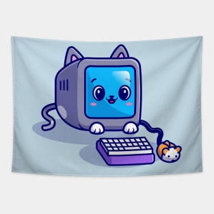 Cute Cat Computer With Mouse Cartoon Tapestry