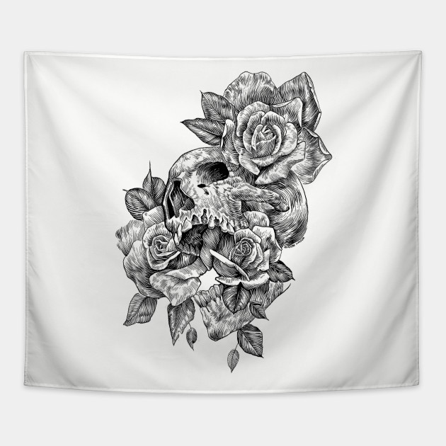 Black And White Ink Line Drawing Skull And Roses 2 Skull