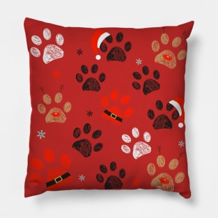 Paw prints with Santa Claus, deer and red hat Pillow