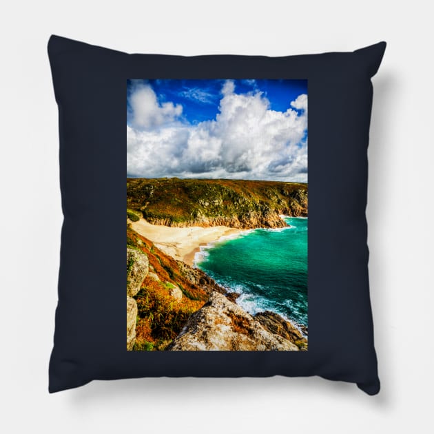 Porthcurno Beach, Cornwall Pillow by tommysphotos