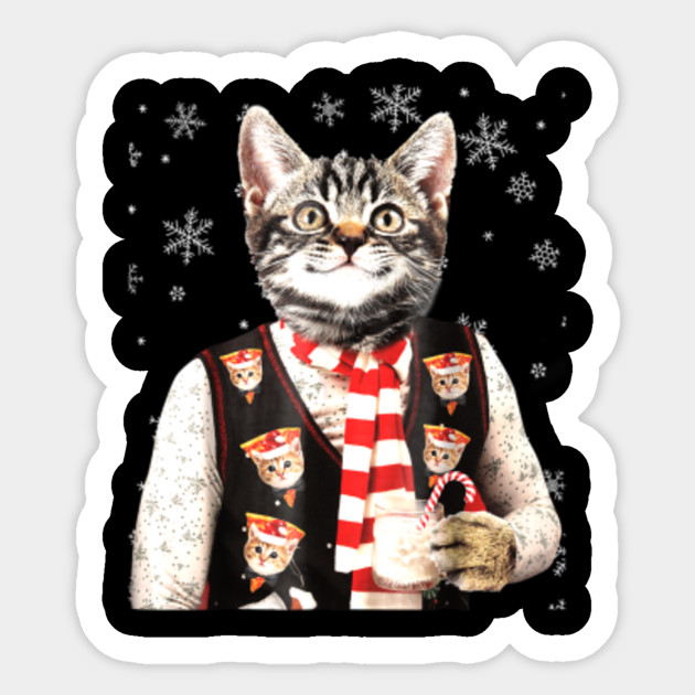 Hipster Cat Wearing Pizza Cat Sweater Funny Christmas Tee