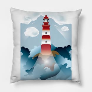 Lighthouse lights on over the unsteady sea Pillow