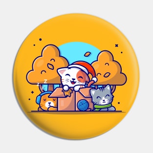 Happy Cute Cats in Box Autumn Cartoon Vector Icon Illustration Pin