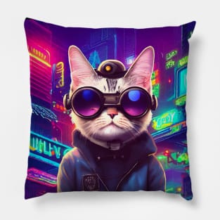 Techno Cat In Japan Neon City Pillow