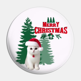 White Cat with Christmas tree Merry Christmas Pin