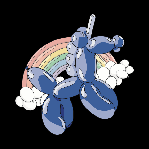 A light and dark blue unicorn balloon with a ballon rainbow and balloon clouds behind it. by Fruit Tee