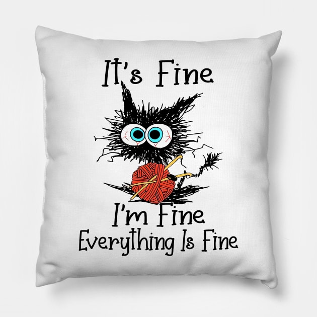 Crochet Black Cat It's Fine I'm Fine Everything Is Fine Pillow by cyberpunk art