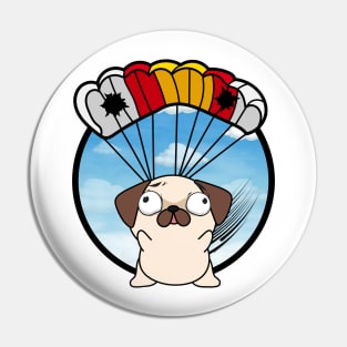 Silly pug dog has a broken parachute Pin