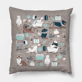 Veterinary medicine, happy and healthy friends // taupe brown background turquoise details navy blue white and brown cats dogs and other animals Pillow