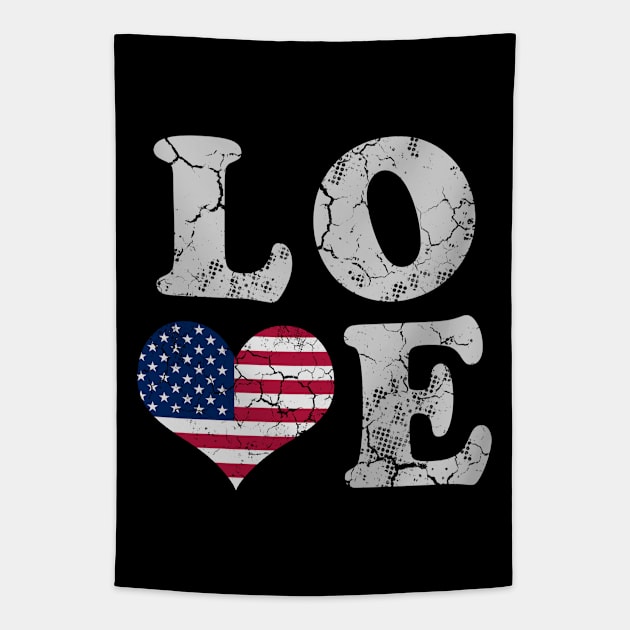 Love America USA  American Flag Heart Patriotic Tapestry by E