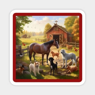 Horse and Dogs Farm Scene Magnet