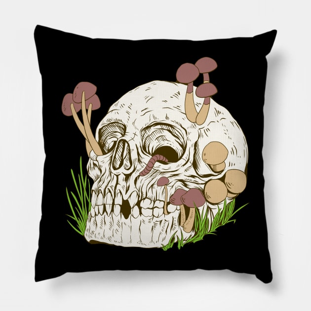 Skull with mushrooms and worm - Aestethic Goblincore Pillow by Modern Medieval Design