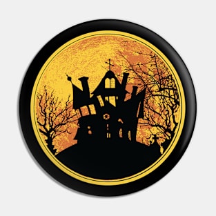 Halloween Night Full Moon Haunted House Black Silhouette Pin